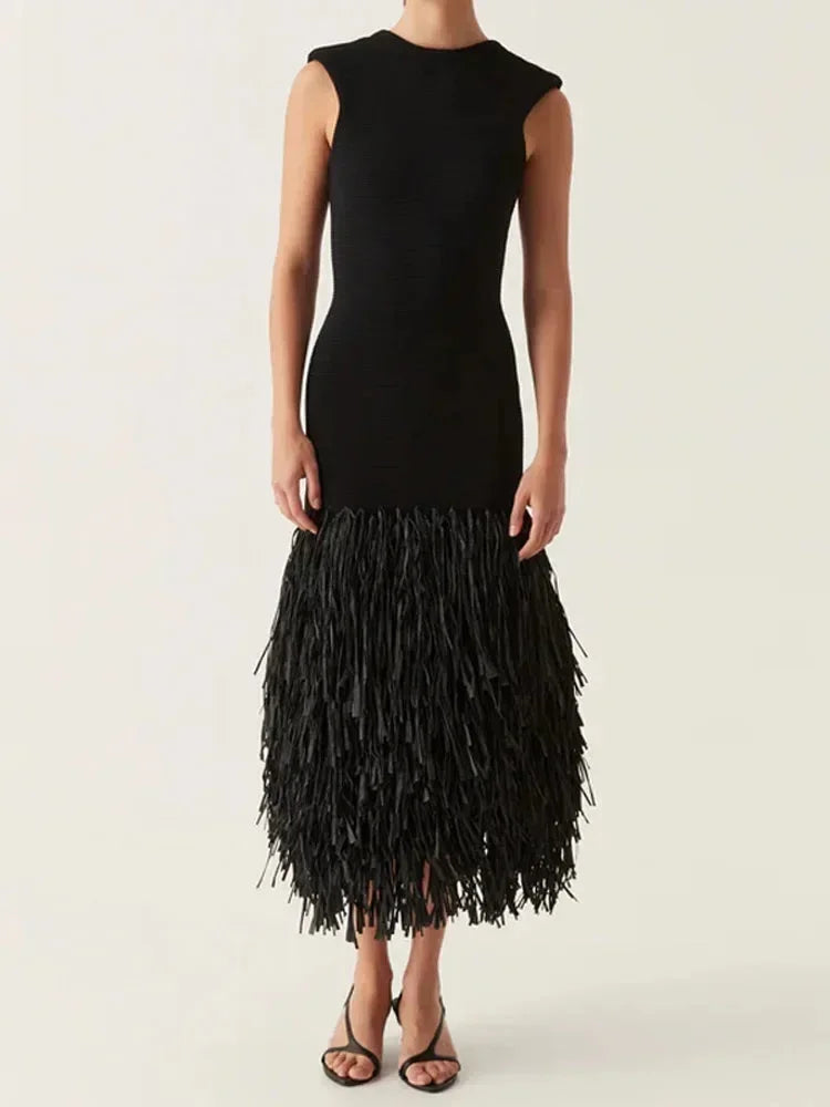 Sleeveless Midi Dress with Fringe Hem for Women