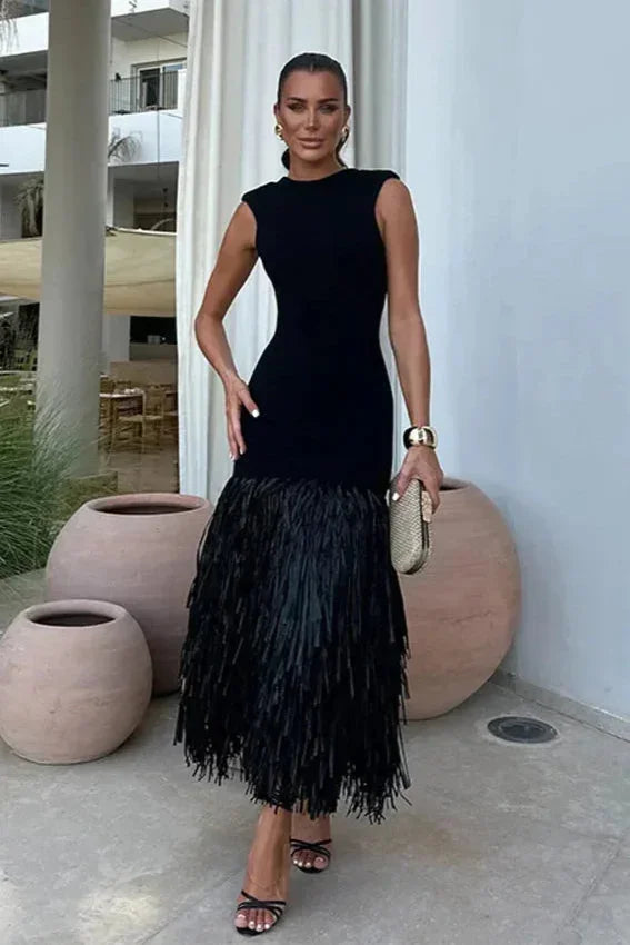 Sleeveless Midi Dress with Fringe Hem for Women