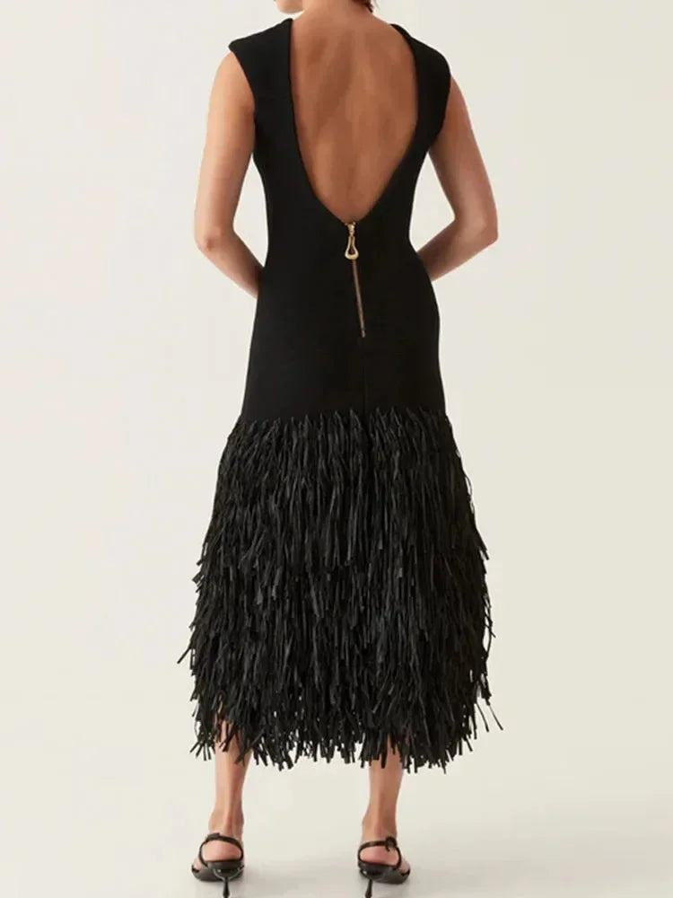 Sleeveless Midi Dress with Fringe Hem for Women