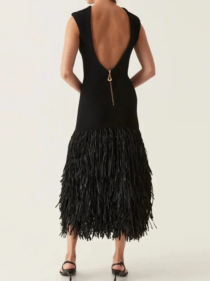 Sleeveless Midi Dress with Fringe Hem for Women