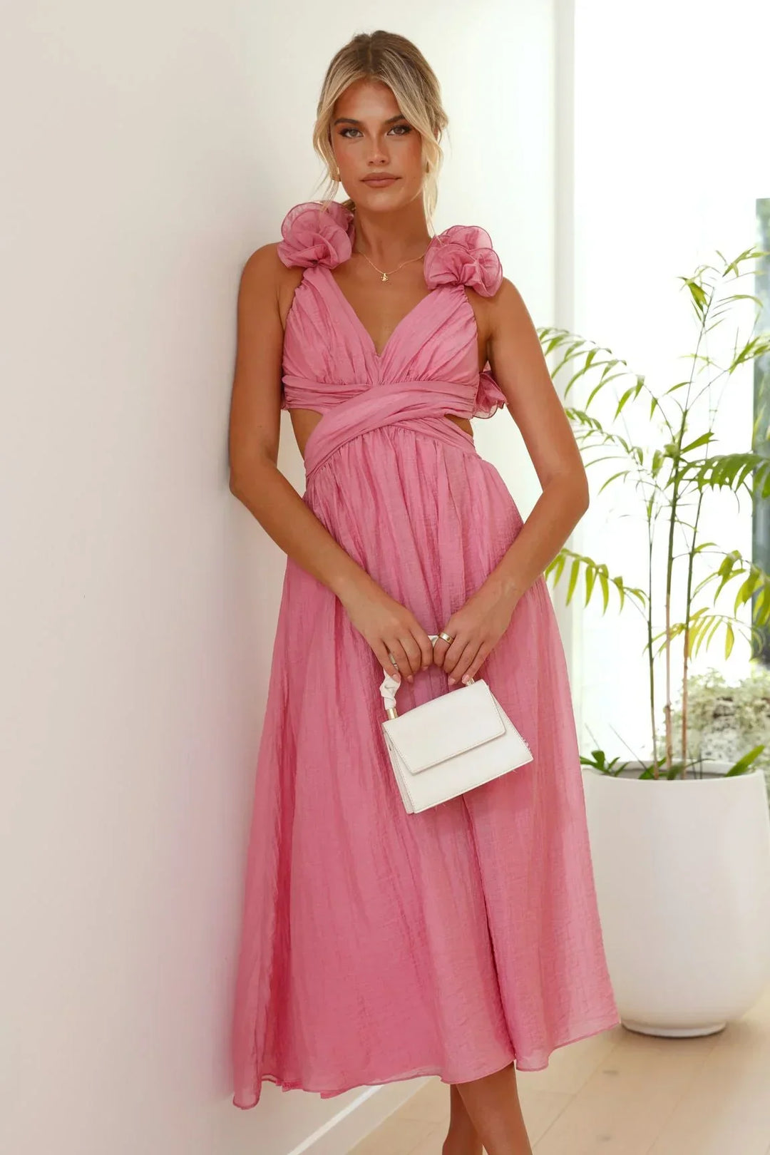 Midi Dress for Women with Shoulder Ruffles