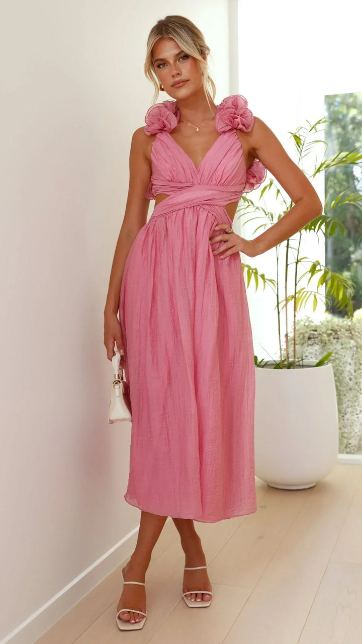 Midi Dress for Women with Shoulder Ruffles
