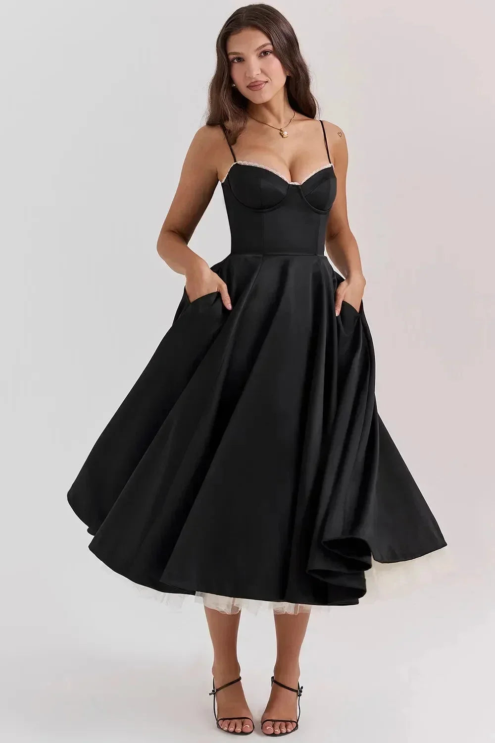 Satin Midi Dress with Fine Straps for Women