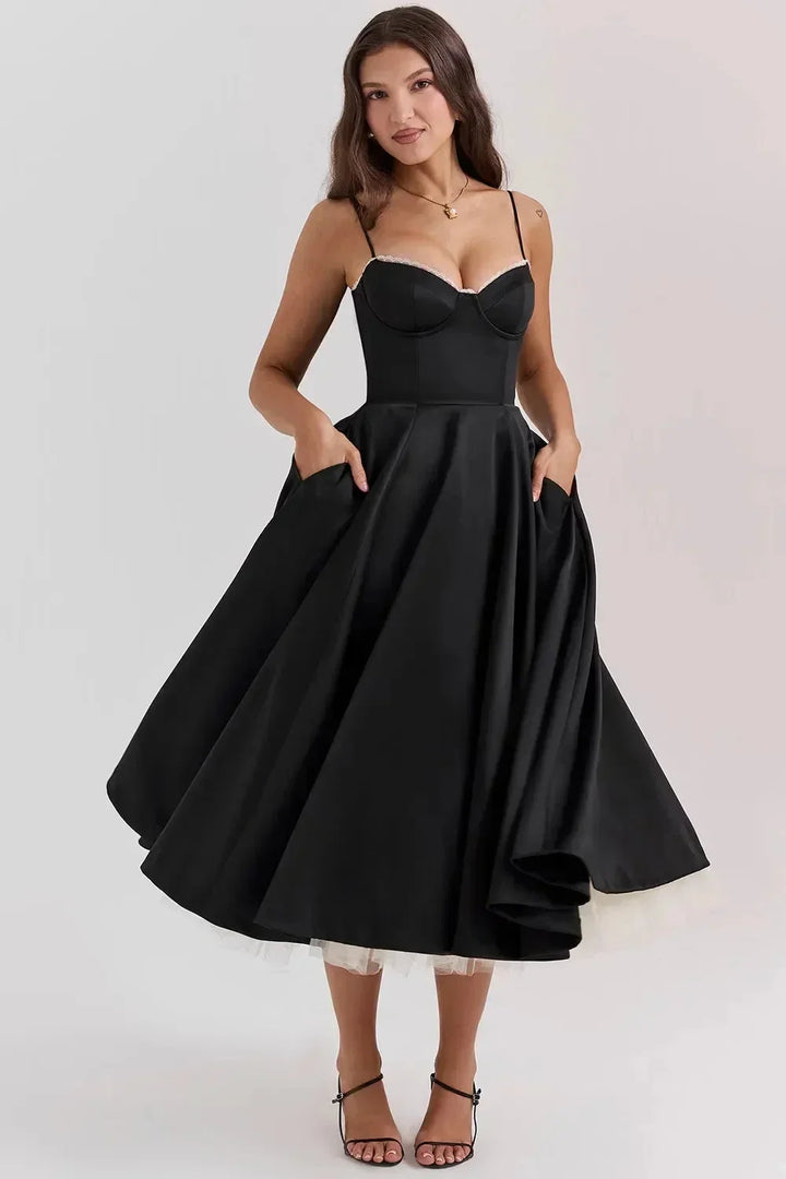 Satin Midi Dress with Fine Straps for Women