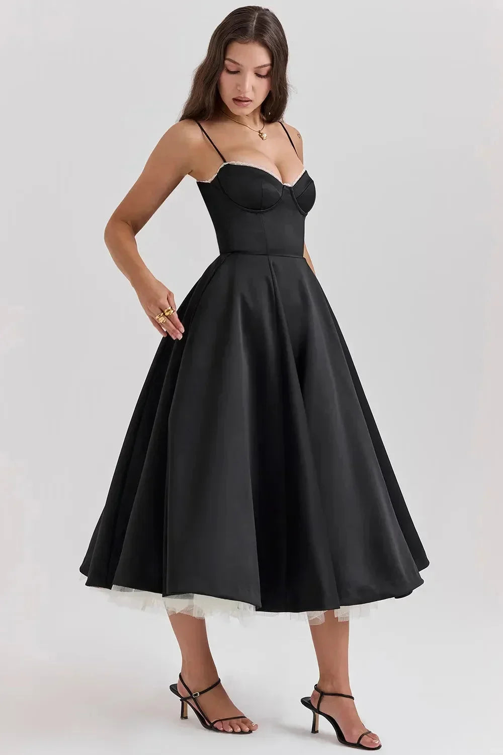 Satin Midi Dress with Fine Straps for Women