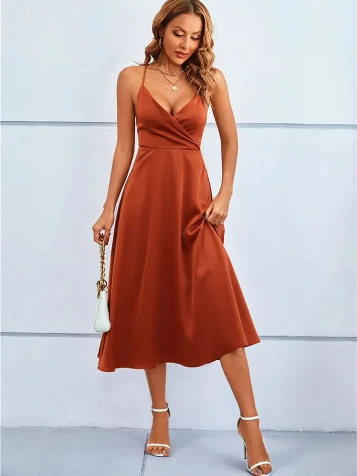 Satin Midi Dress V Neck Adjustable Straps for Women
