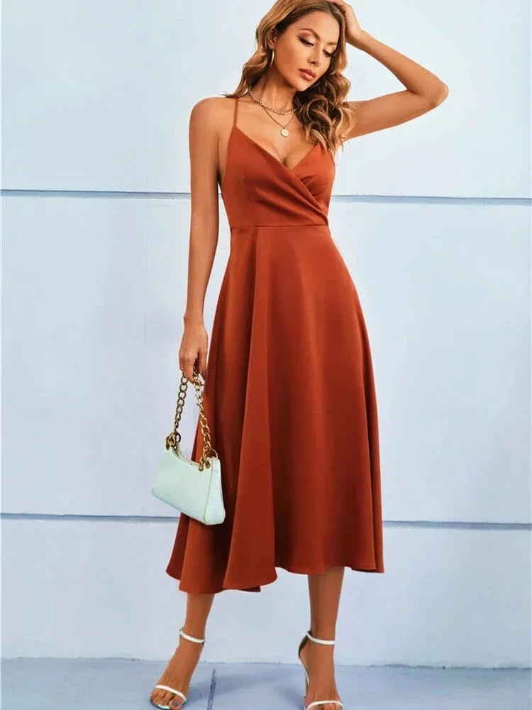 Satin Midi Dress V Neck Adjustable Straps for Women