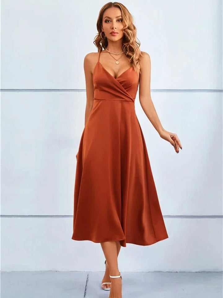 Satin Midi Dress V Neck Adjustable Straps for Women