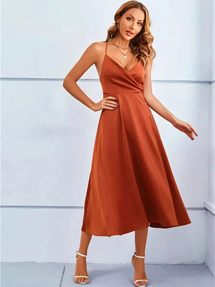 Satin Midi Dress V Neck Adjustable Straps for Women