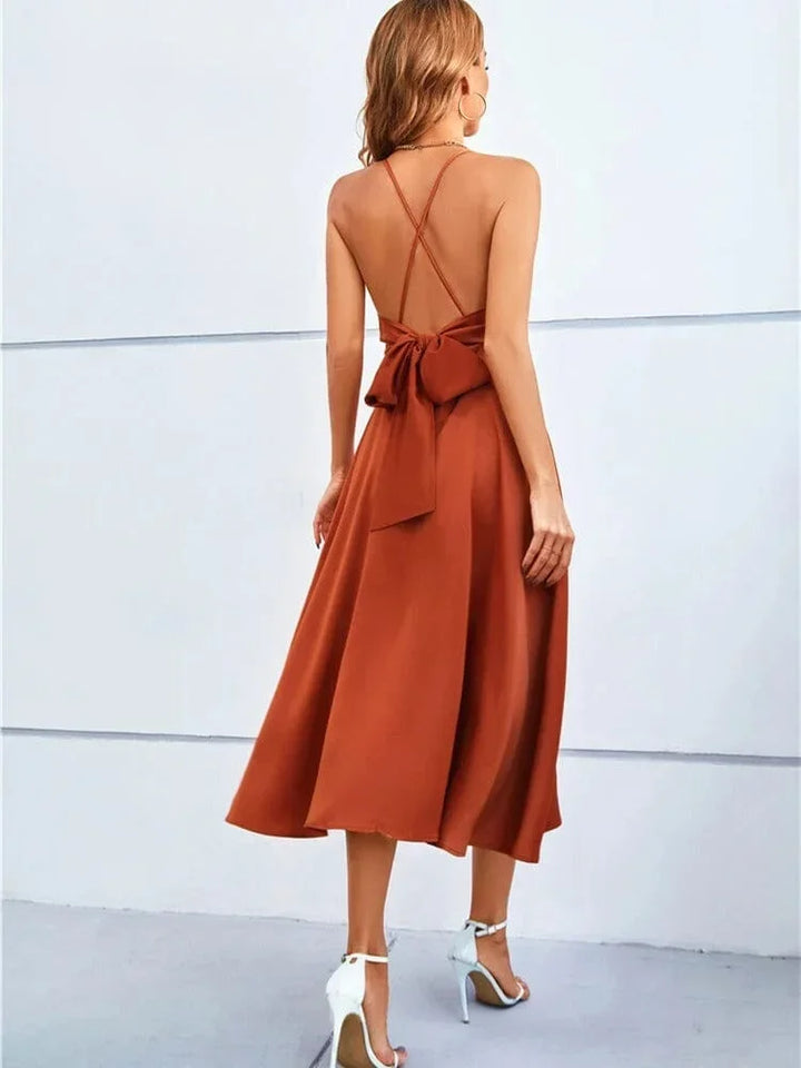 Satin Midi Dress V Neck Adjustable Straps for Women