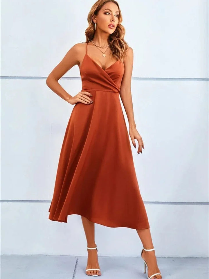 Satin Midi Dress V Neck Adjustable Straps for Women