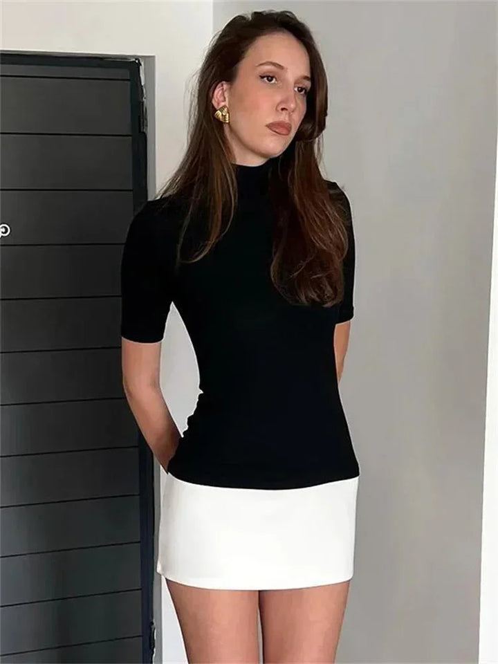 Mini Dress with Contrast Hem and Mock Neck for Women