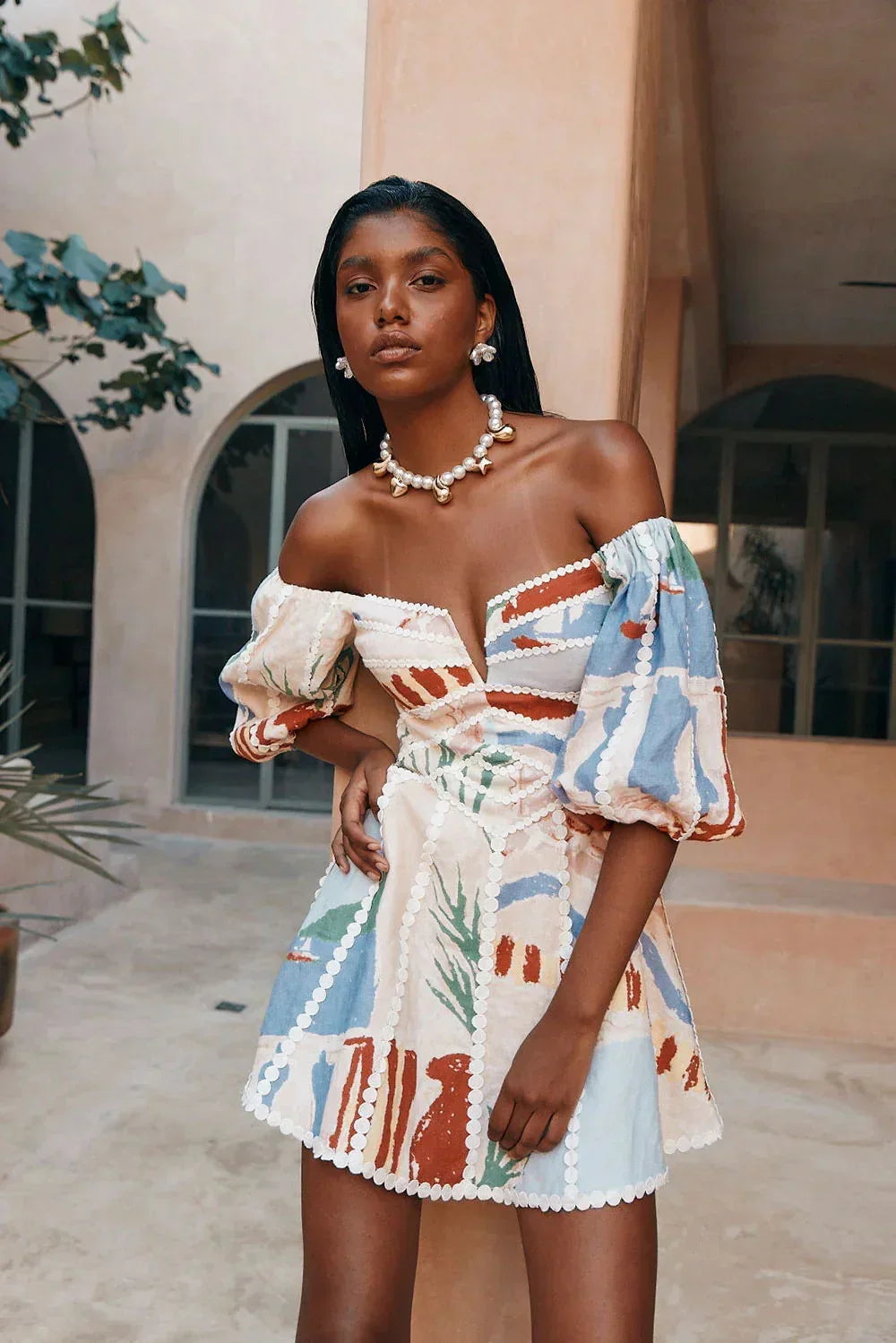 Short Off Shoulder Dress Patterned Summer Style for Women