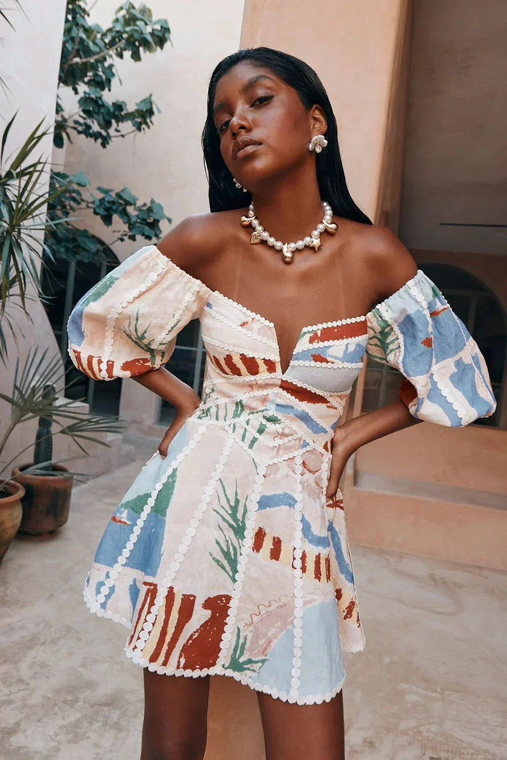 Short Off Shoulder Dress Patterned Summer Style for Women