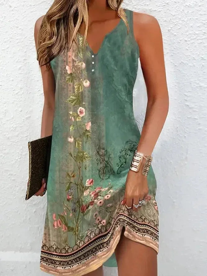 Short Sleeveless Floral V-Neck Dress for Women