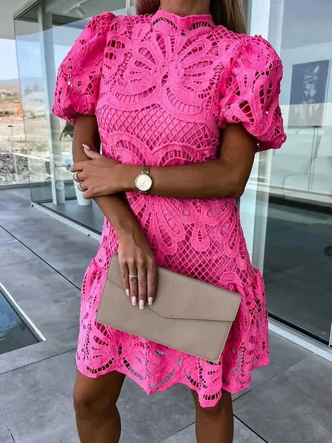 Lace Mini Dress with High Neck and Puff Sleeves for Women