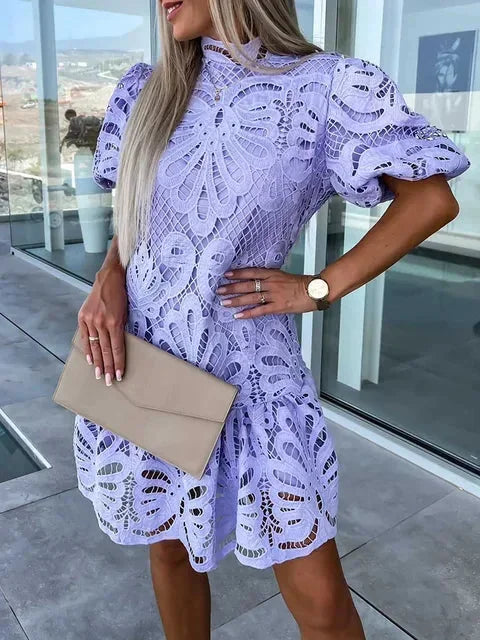 Lace Mini Dress with High Neck and Puff Sleeves for Women