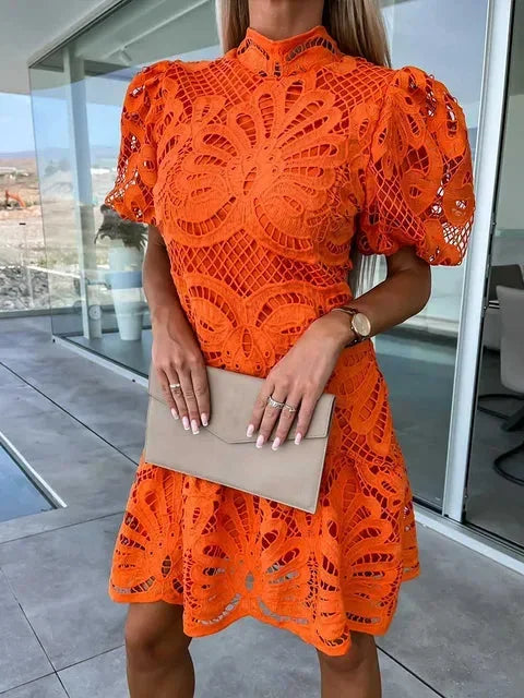 Lace Mini Dress with High Neck and Puff Sleeves for Women