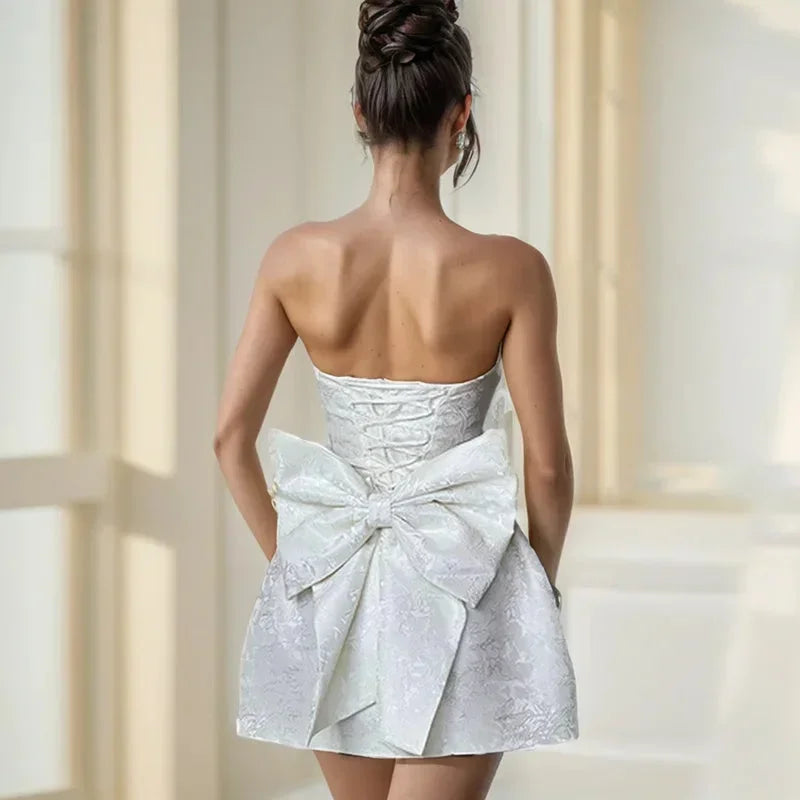 Womens Jacquard Mini Dress with Strapless Neckline and Open Back