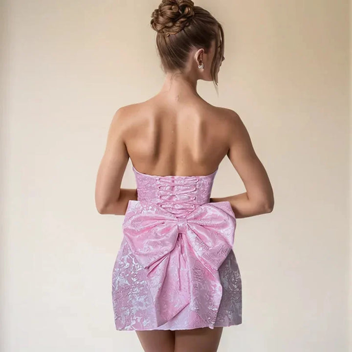 Womens Jacquard Mini Dress with Strapless Neckline and Open Back
