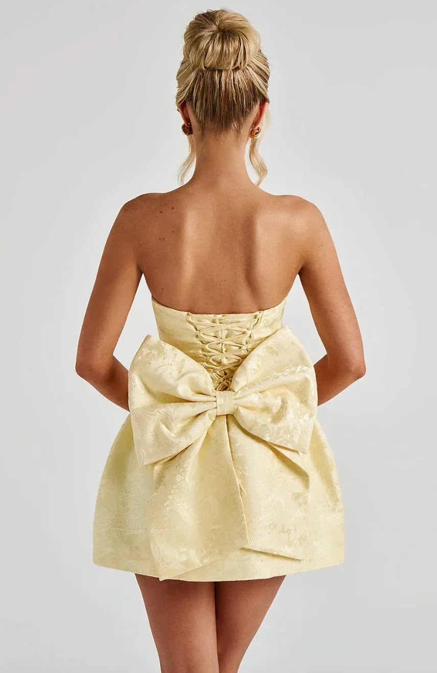 Womens Jacquard Mini Dress with Strapless Neckline and Open Back