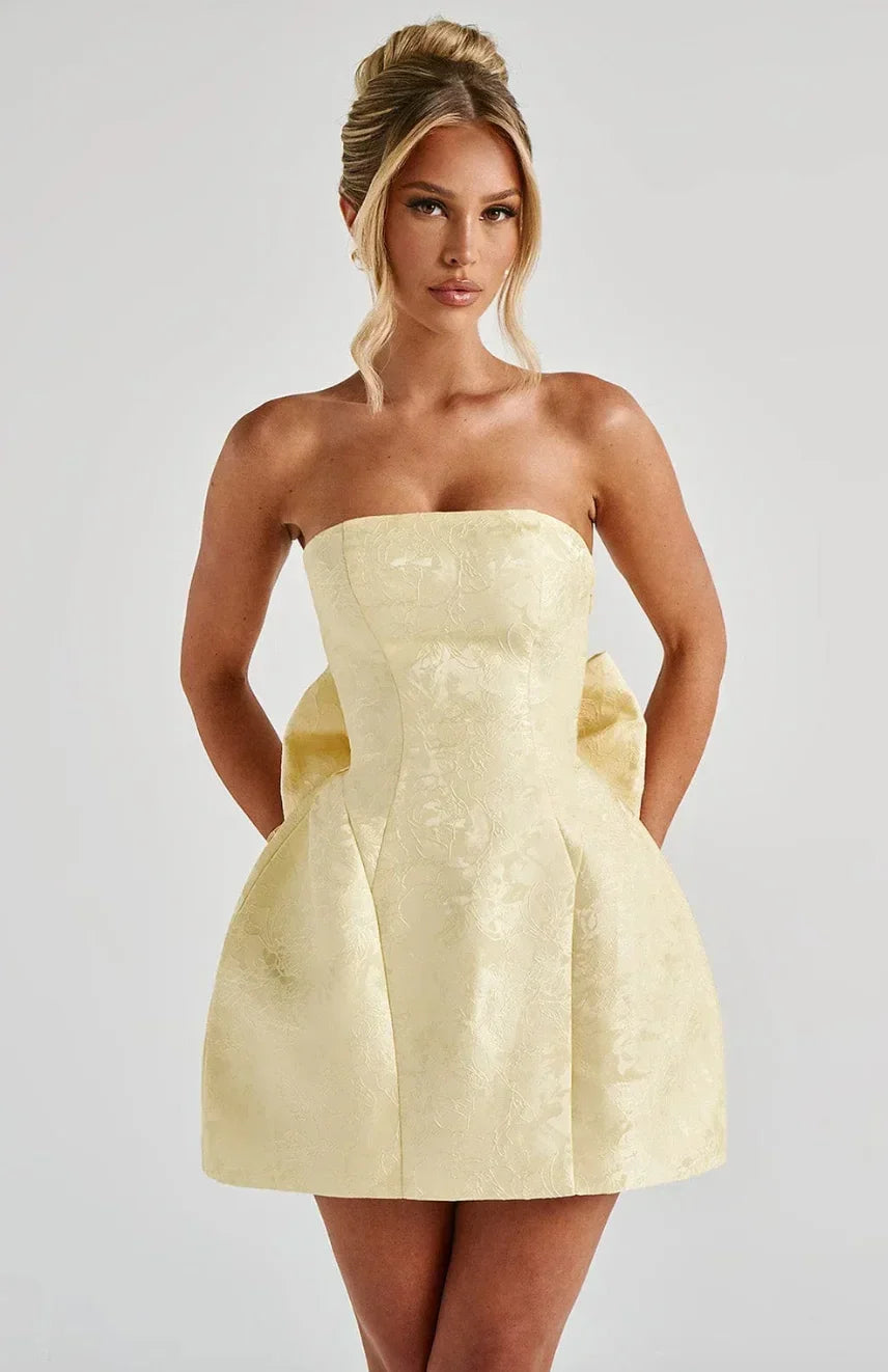 Womens Jacquard Mini Dress with Strapless Neckline and Open Back