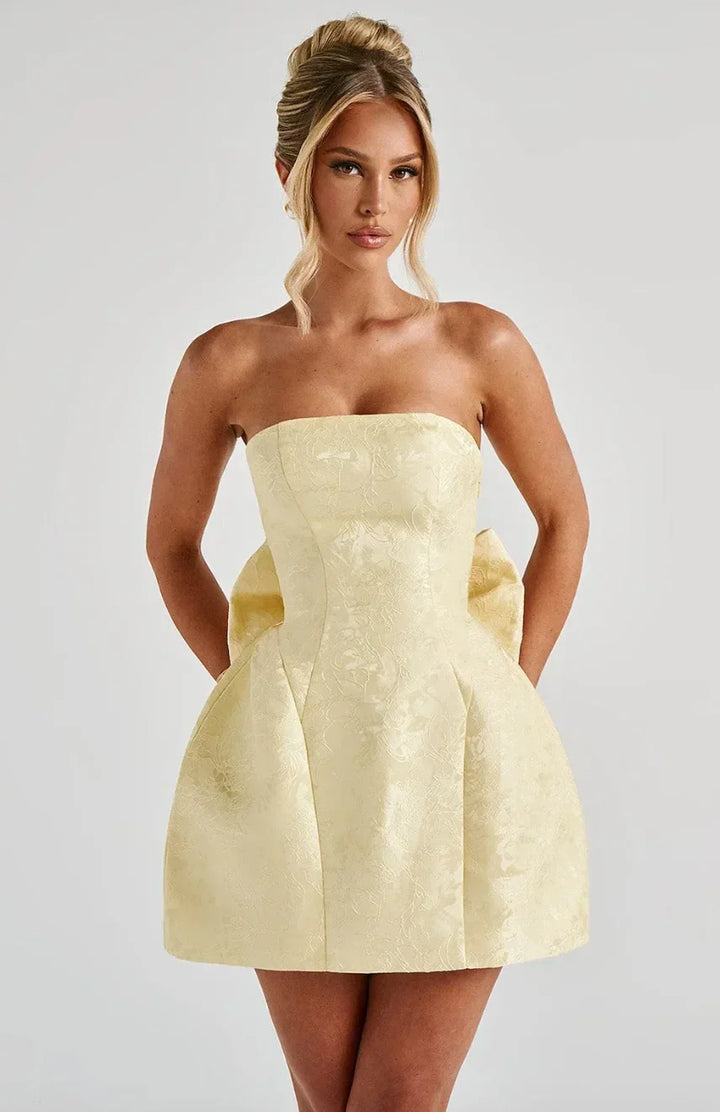 Womens Jacquard Mini Dress with Strapless Neckline and Open Back