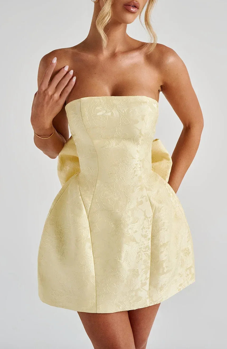 Womens Jacquard Mini Dress with Strapless Neckline and Open Back