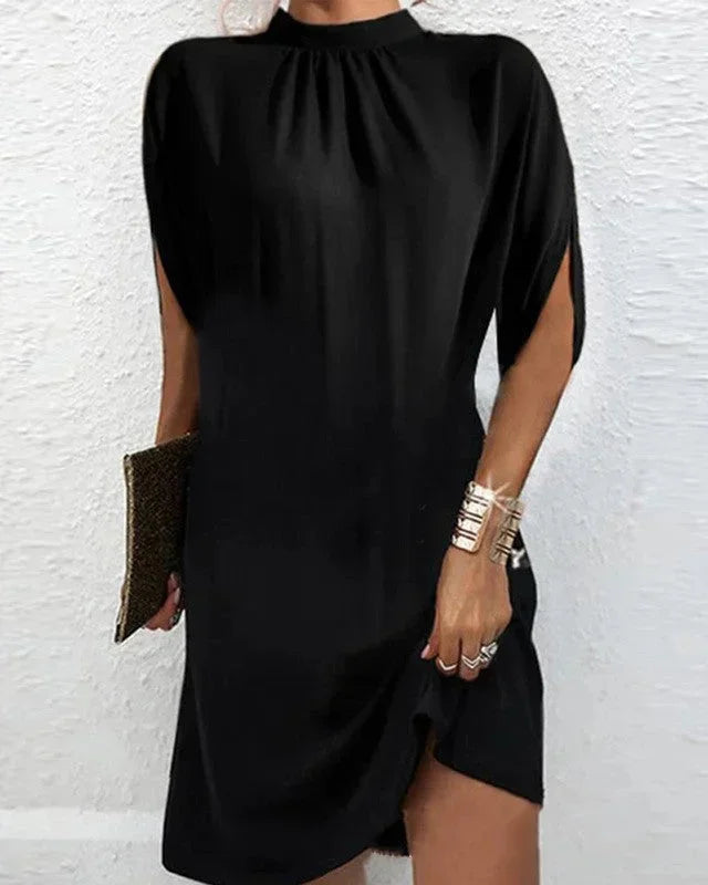 Short Batwing Sleeve Dress with Pleated Neckline for Women
