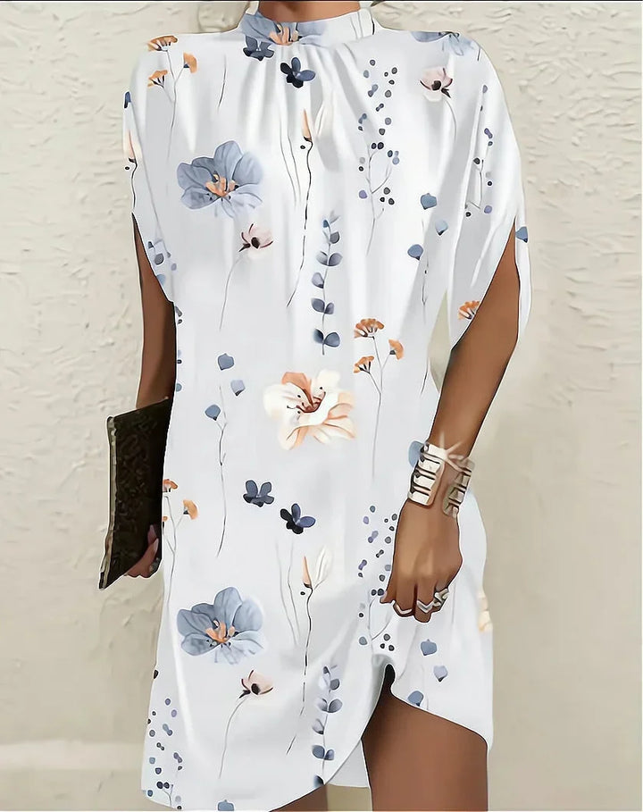 Short Batwing Sleeve Dress with Pleated Neckline for Women