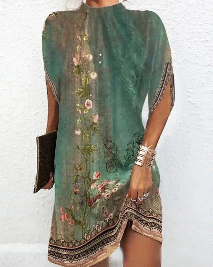 Short Batwing Sleeve Dress with Pleated Neckline for Women