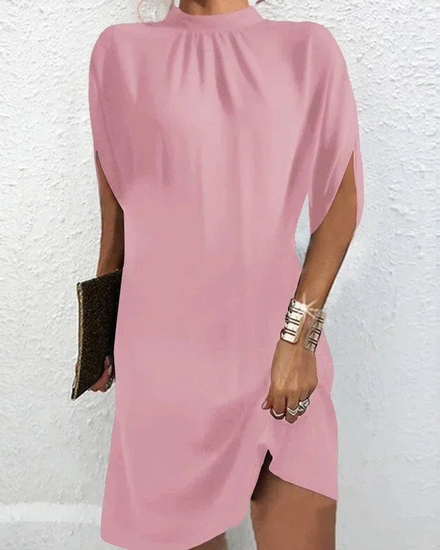 Short Batwing Sleeve Dress with Pleated Neckline for Women