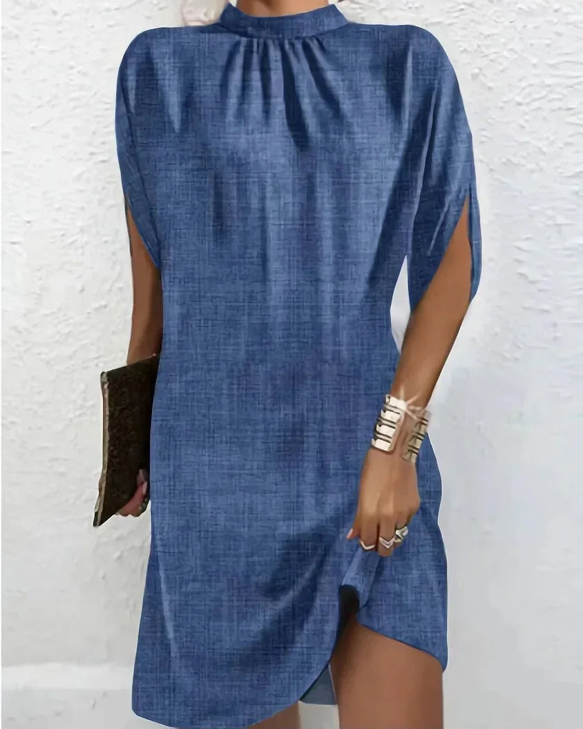 Short Batwing Sleeve Dress with Pleated Neckline for Women