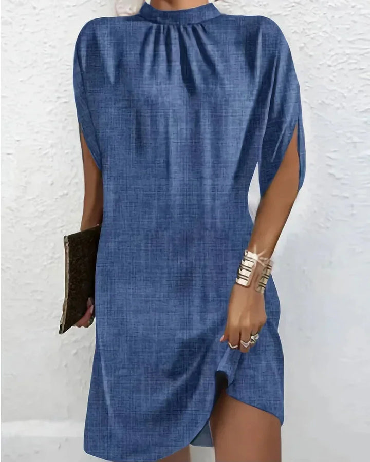Short Batwing Sleeve Dress with Pleated Neckline for Women