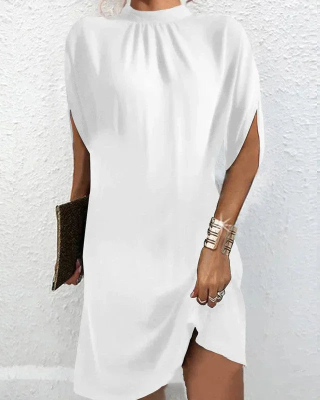 Short Batwing Sleeve Dress with Pleated Neckline for Women
