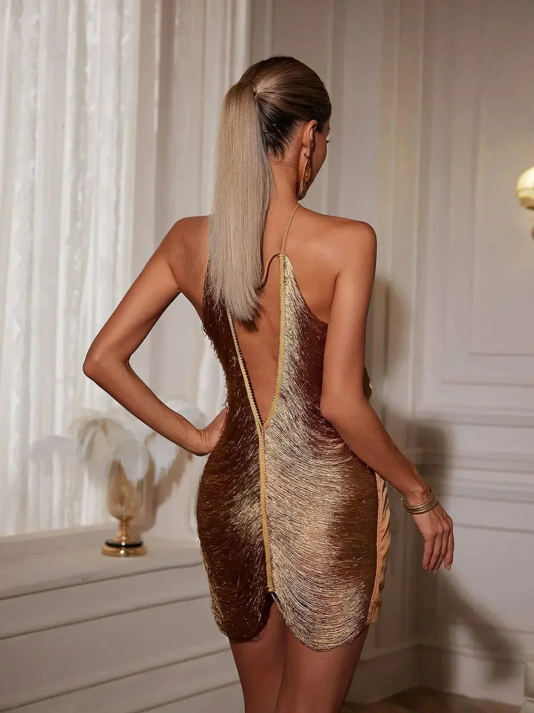 Short Metallic Dress Asymmetrical Backless for Women