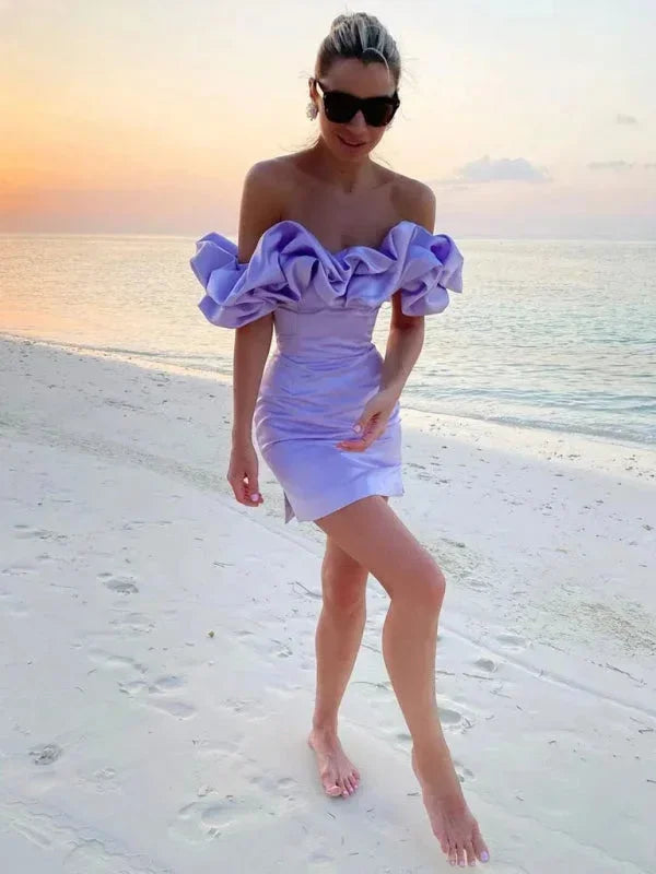 Womens Off Shoulder Mini Dress with Ruffle Detail