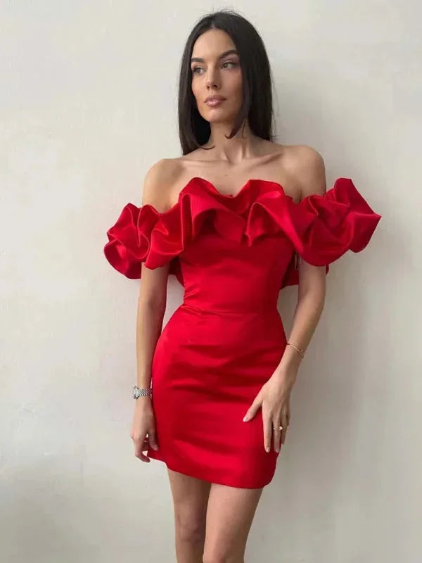 Womens Off Shoulder Mini Dress with Ruffle Detail