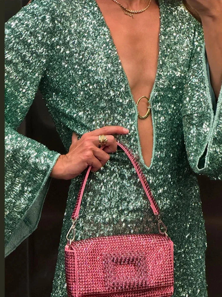 Sequin Mini Dress with Plunge Neck and Flared Sleeves for Women
