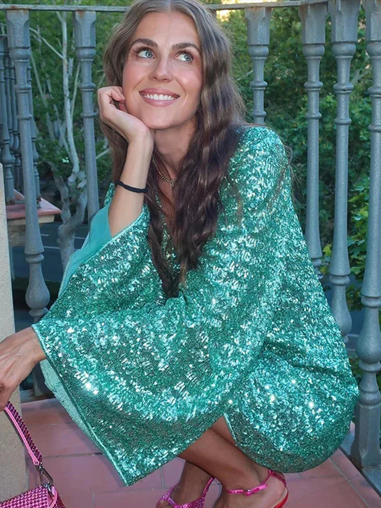 Sequin Mini Dress with Plunge Neck and Flared Sleeves for Women