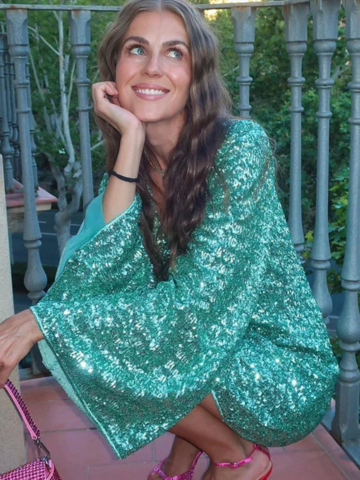 Sequin Mini Dress with Plunge Neck and Flared Sleeves for Women
