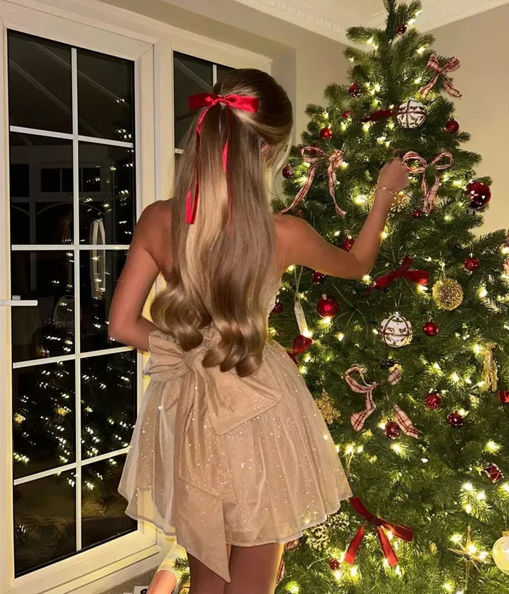 Womens Strapless Mini Dress with Glitter Finish and Bow Detail