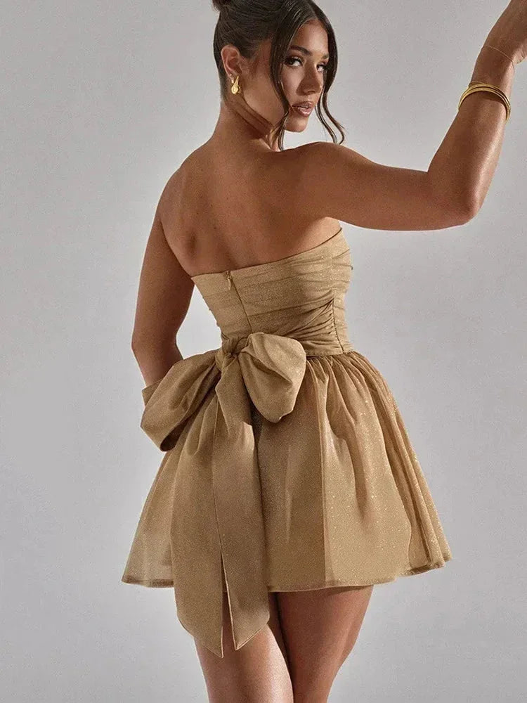Womens Strapless Mini Dress with Glitter Finish and Bow Detail