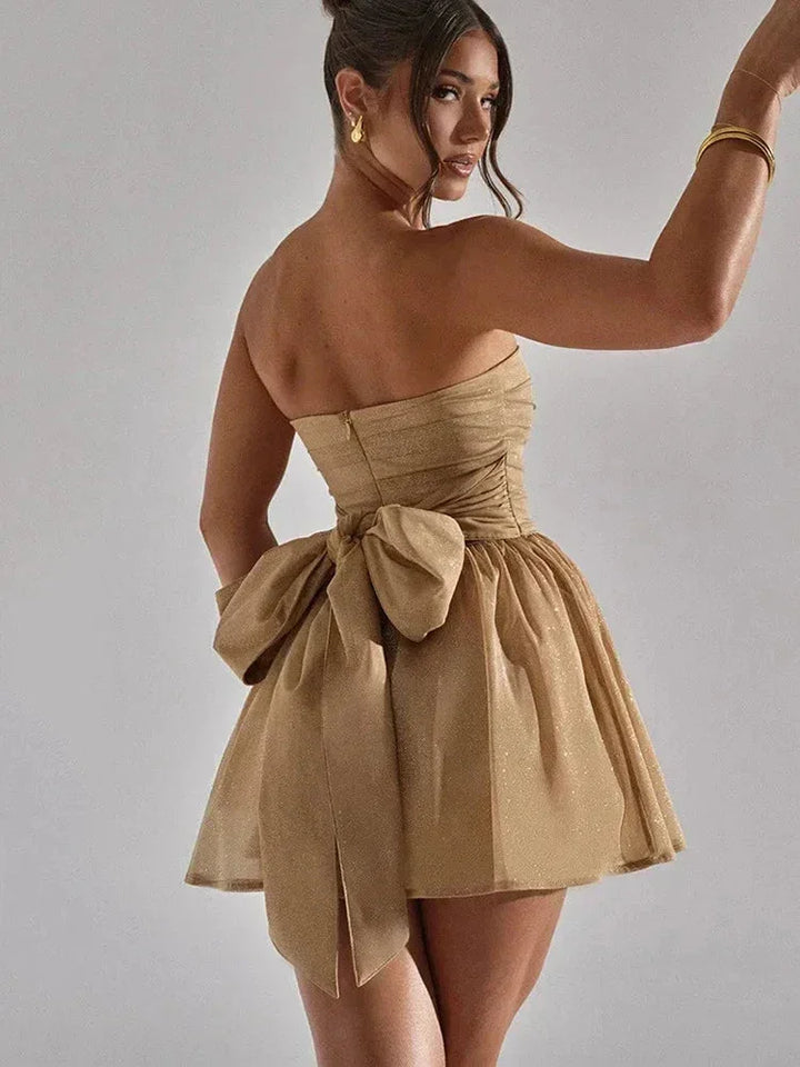 Womens Strapless Mini Dress with Glitter Finish and Bow Detail