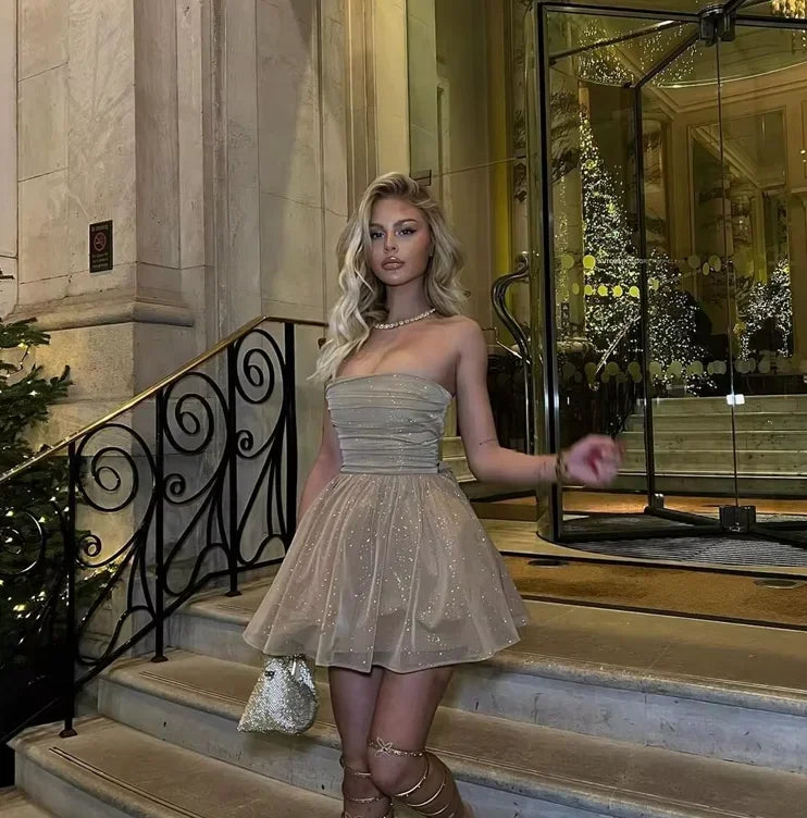 Womens Strapless Mini Dress with Glitter Finish and Bow Detail