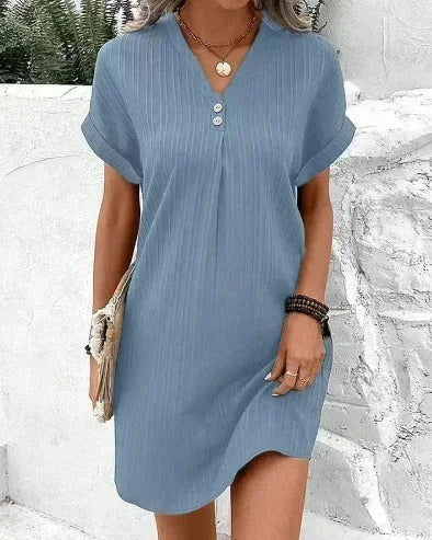 V-Neck Mini Dress with Pleats and Button Details for Women