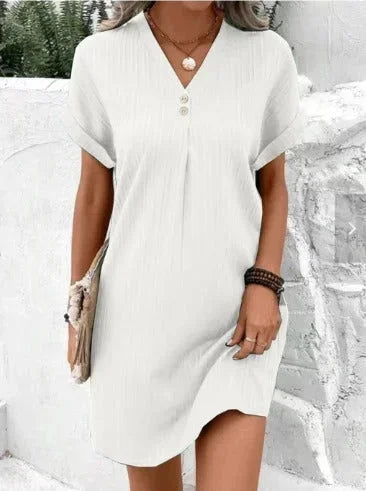 V-Neck Mini Dress with Pleats and Button Details for Women