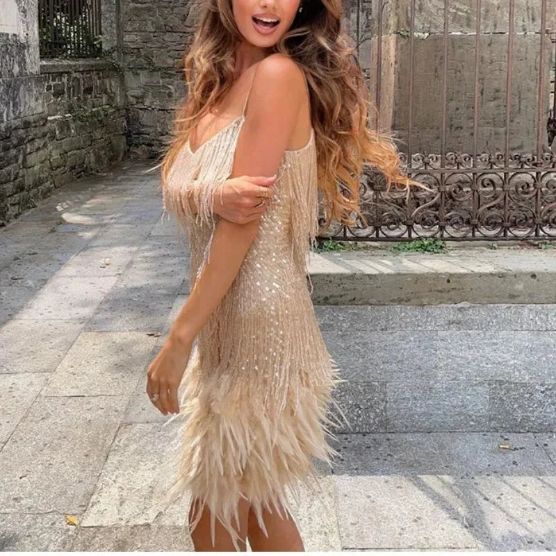 Fringe Mini Dress with Spaghetti Straps for Women