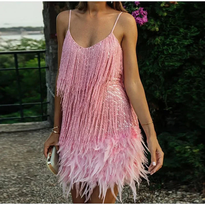Fringe Mini Dress with Spaghetti Straps for Women
