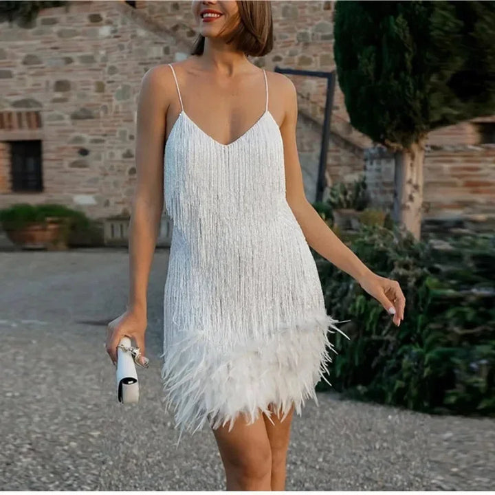 Fringe Mini Dress with Spaghetti Straps for Women